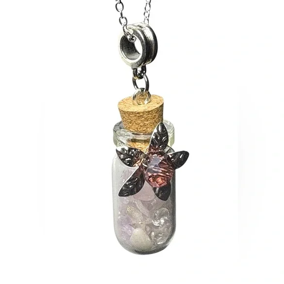 Wishing Bottle with Gemstone Chips and Crystal Center Flower on 925 Chain - Picture 6 of 14